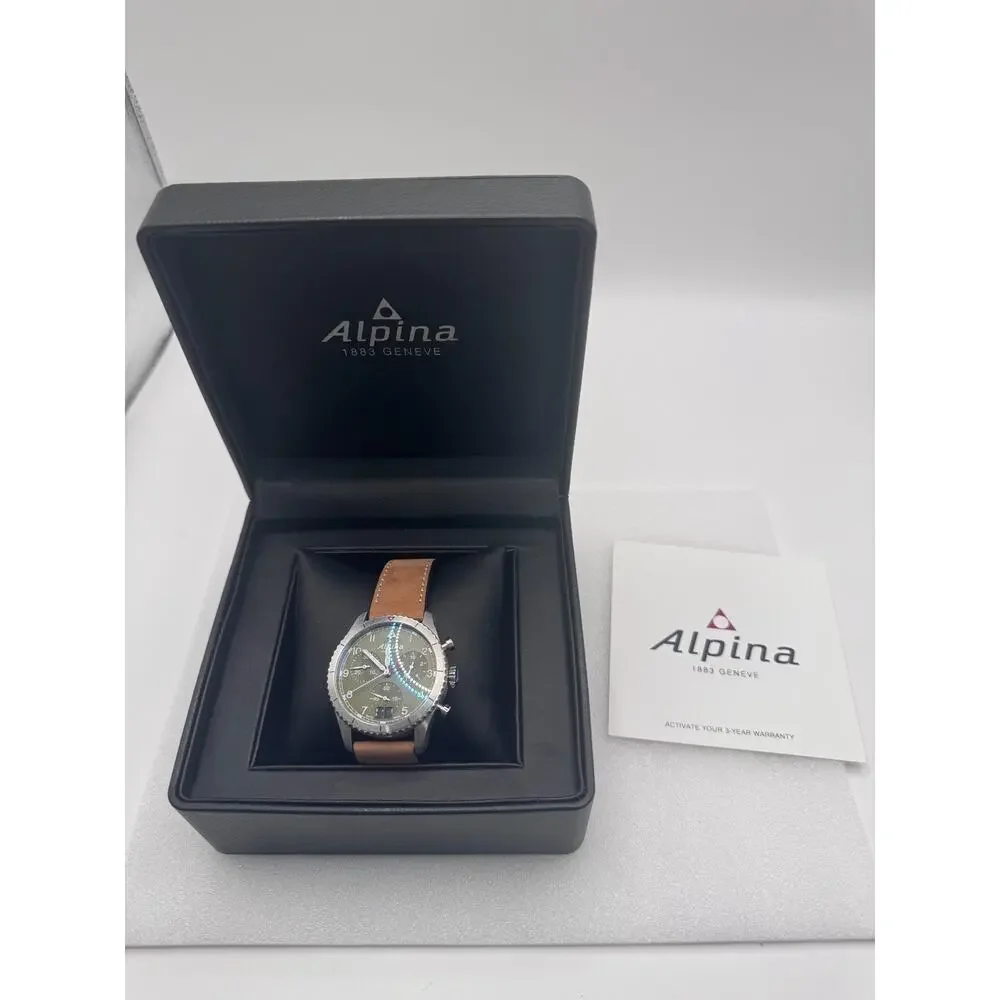Swiss Made Alpina Pilot Chronograph Big Date Green Dial Mens Watch AL-372GR4S26